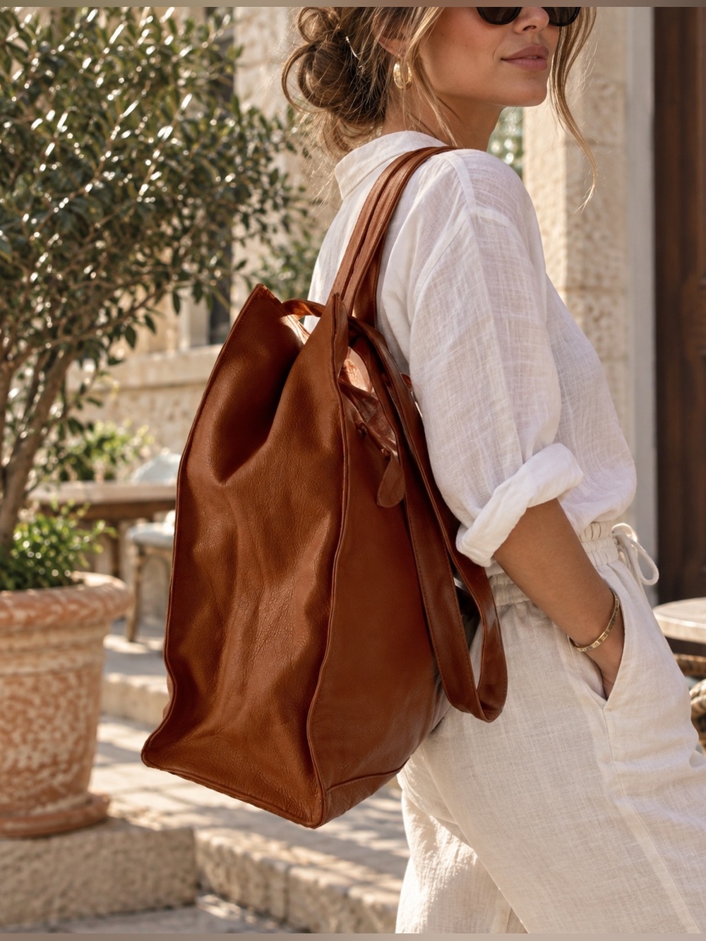 Vintage Genuine Leather Cognac Brown Large Tote Shoulder Bag